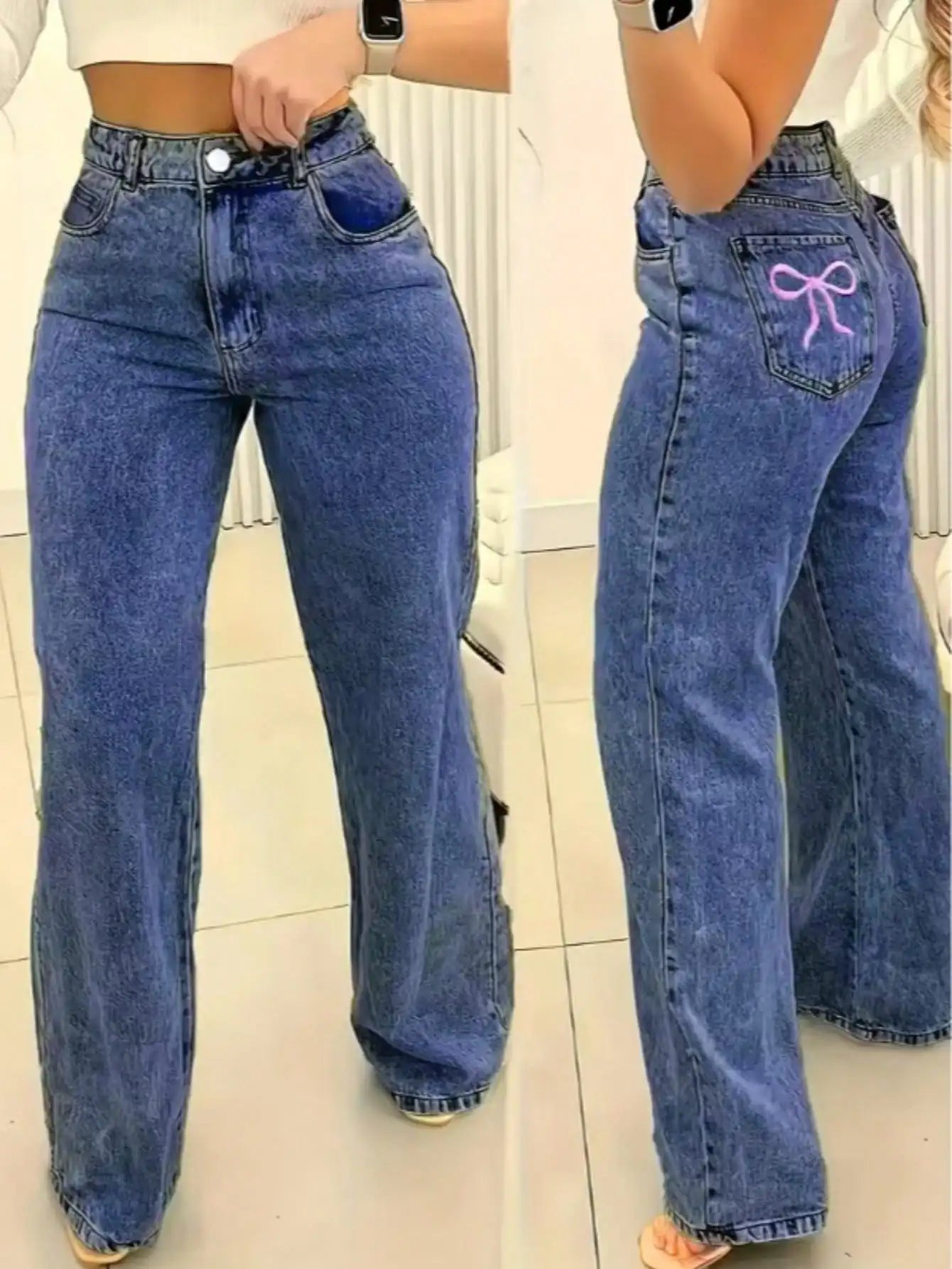 Women's High Waist Wide Leg Jeans, Light Wash Casual Denim Pants with Pockets