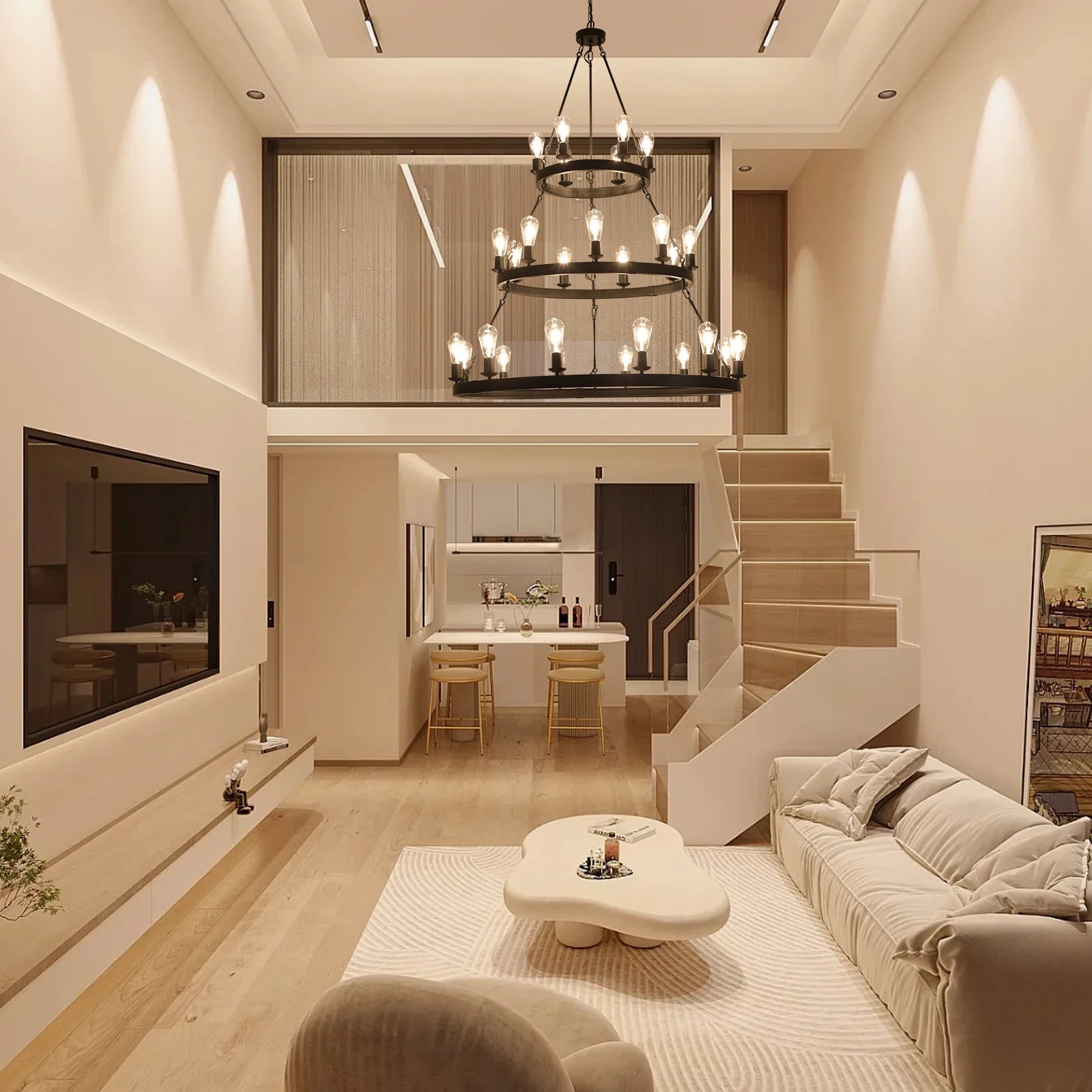 Industrial 3-Tier Metal Chandelier Adjustable Height Ceiling Light for Living Dining Room