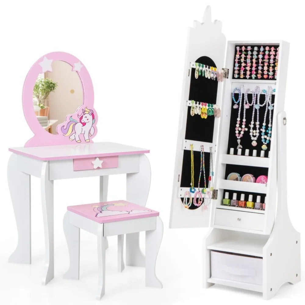 2-in-1 Kids Jewelry Organizer Armoire Cabinet w/Storage and Full-Length Mirror