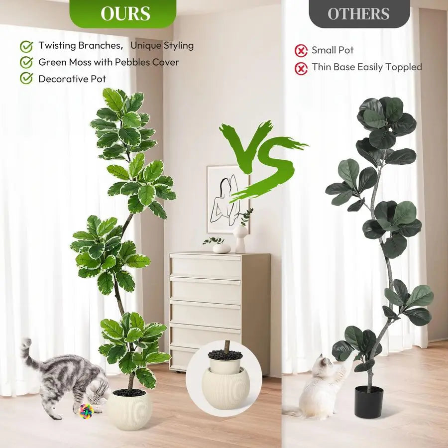 Fiddle Leaf Fig Tree Artificial Indoor, 6 ft Tall Faux Rubber Tree with Sphere Planter, Tall Artificial Plants with Moss for Hom
