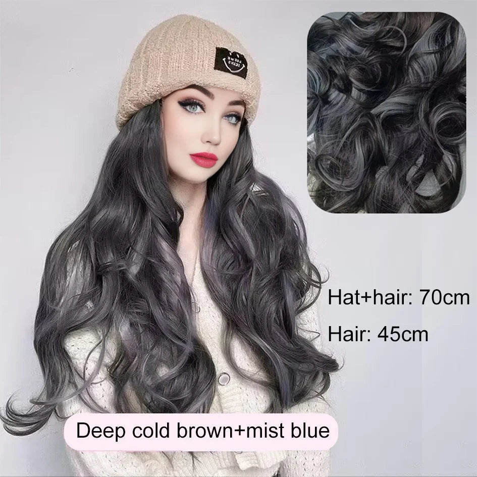 Synthetic 18 inch knitted hat with long curly hair hat wig, wavy wig, winter wig, beige/blue/coffee knitted hat Christmas outfit