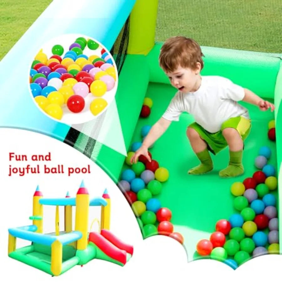 Inflatable Bounce House with Slide 107x106x80 Inch Jumping Castle with Blower and Ball Pool Basketball Game