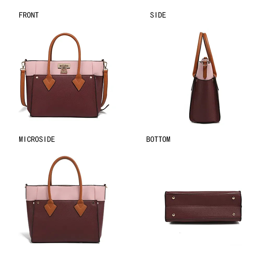 Large Capacity Color-Block Vegan Leather Women's Tote Bag with Wallet– 2 pieces