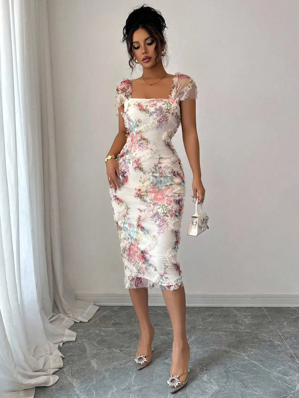 Elegant Floral Print Ruched Waist Midi Dress with Ruffles and Square Neck