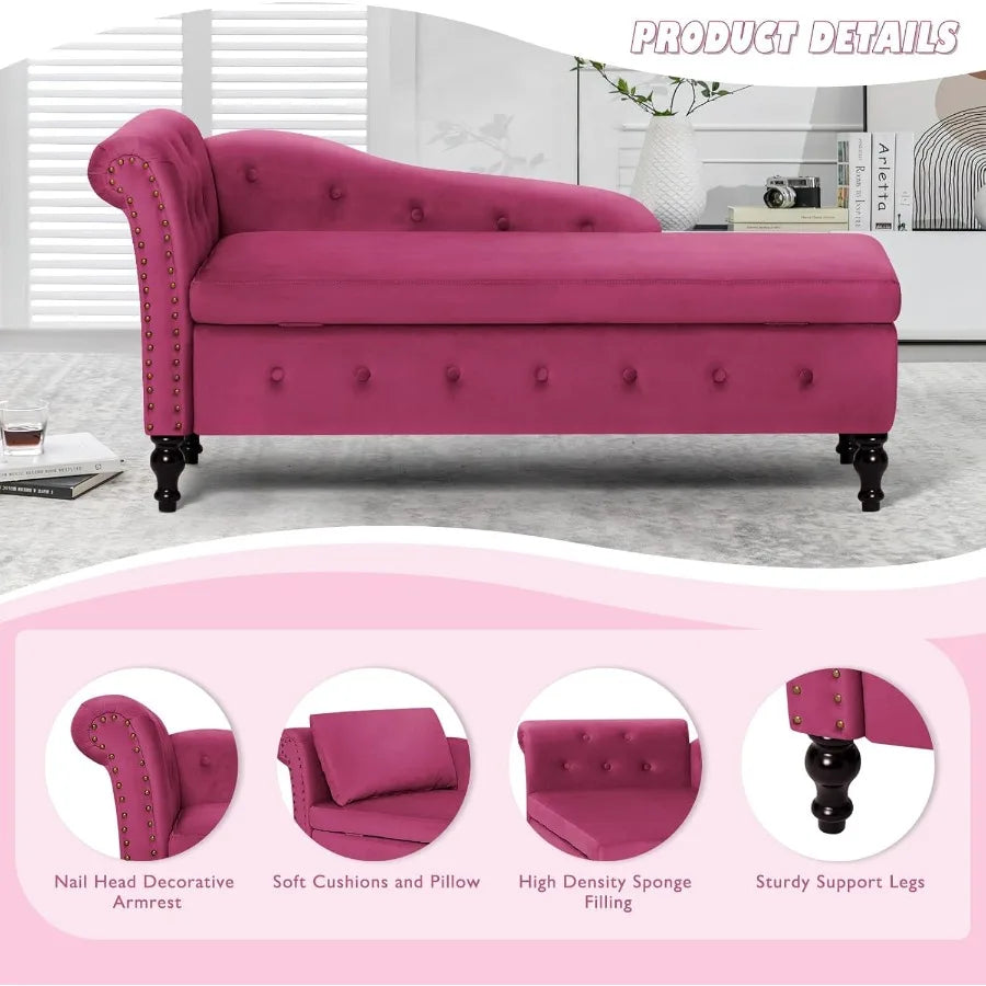 Modern Fuchsia Velvet Chaise Lounge with Left Armrest and Builtin Storage Space Button Tufted Upholstered Lounge Chair with Lum