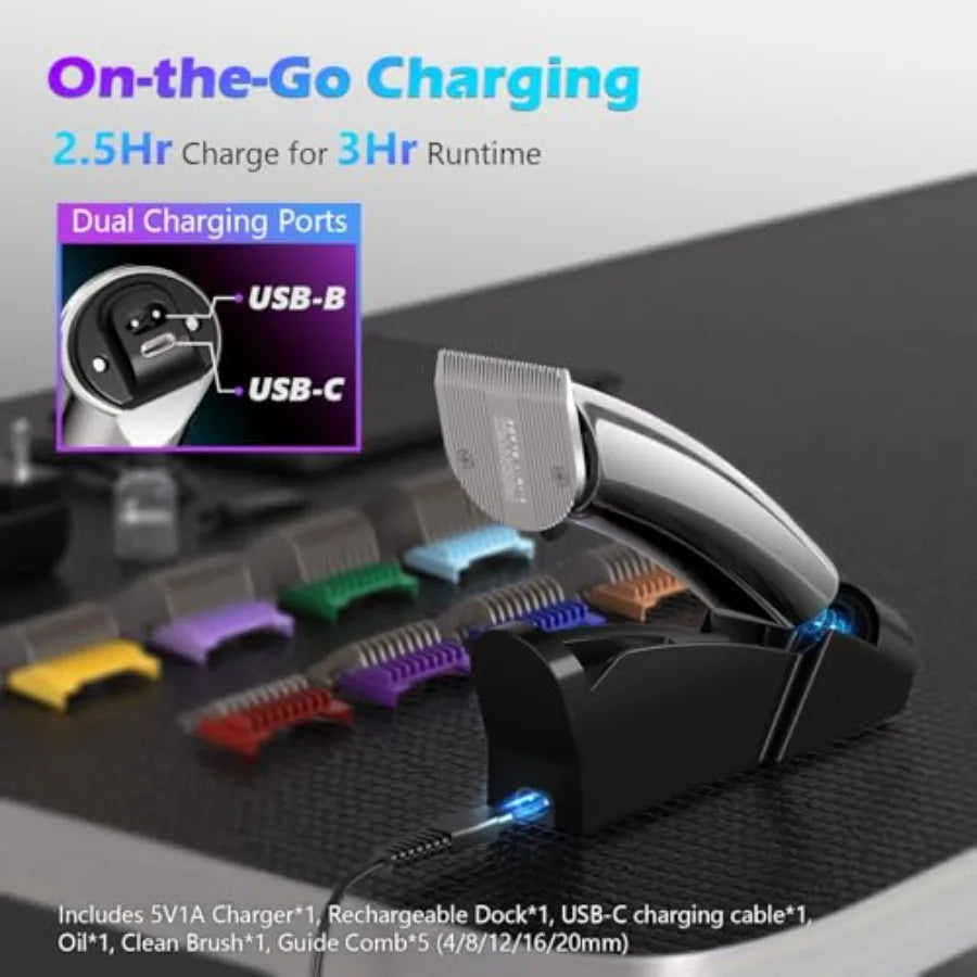 Professional Dog Grooming Clippers with Charging Dock 5-in-1 Adjustable Blade Cordless Pet Grooming Kit 5 Speed Rechargeable Tr