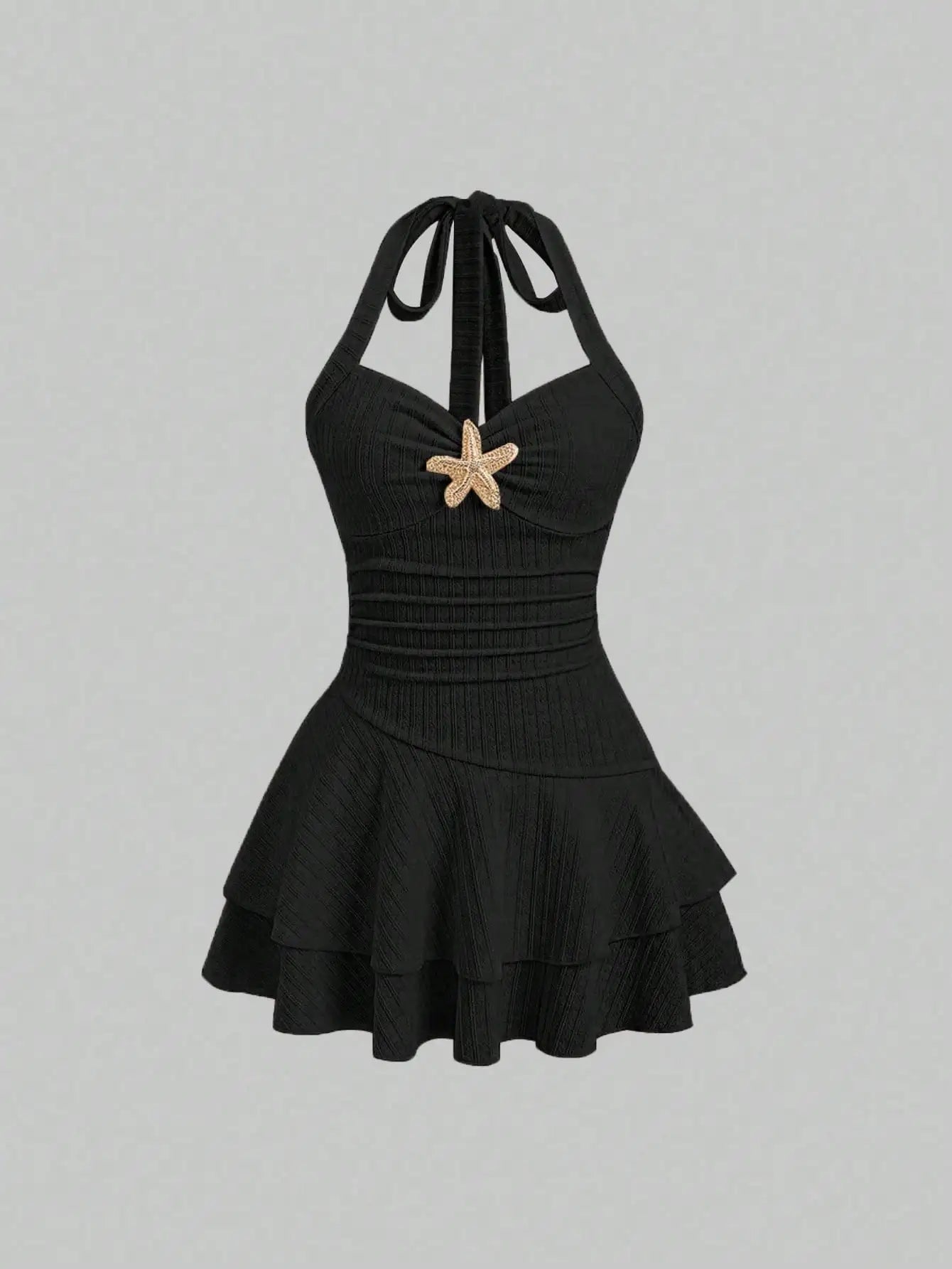 Cream Halter Mini Dress with Starfish Embellishment, Ruched Bodice & Tiered Ruffle Hem for Beach Vacation