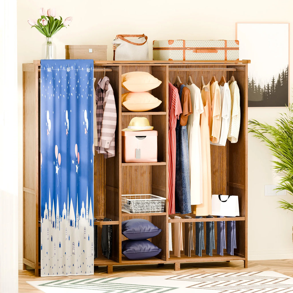 Freestanding Closet Organizer, Heavy Duty Garment Rack with 2 Hanging Rods, 6 Opening Shelves and Blue Curtain, Wardrobe Closet