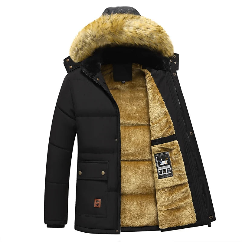 Men 2025 Winter New Windproof Fleece Warm Thick Jacket Parkas Coat Men Fashion Hooded Fur Collar Jacket Classic Casual Parka Men