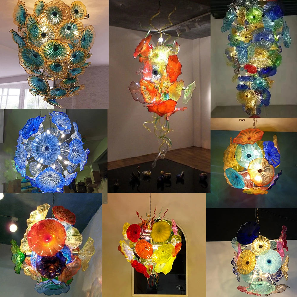 Longree Art Handmade Murano Glass Chandelier Flower Shaped LED Pendant Light for Home Entrance Hall Decorative Ceiling Lighting