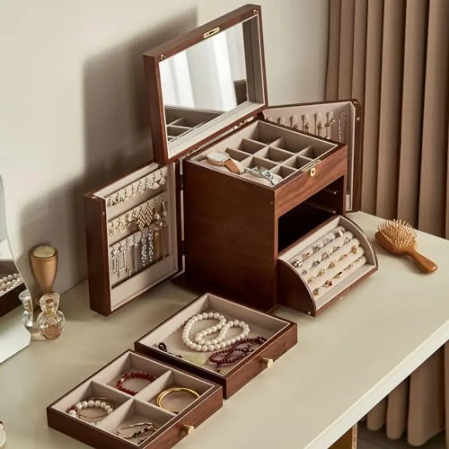 Black Walnut Wooden Jewelry Box Wood Jewelry Organizer with 2 Side Doors Mirror Lockable Classical for Watch Necklace Ring Earr