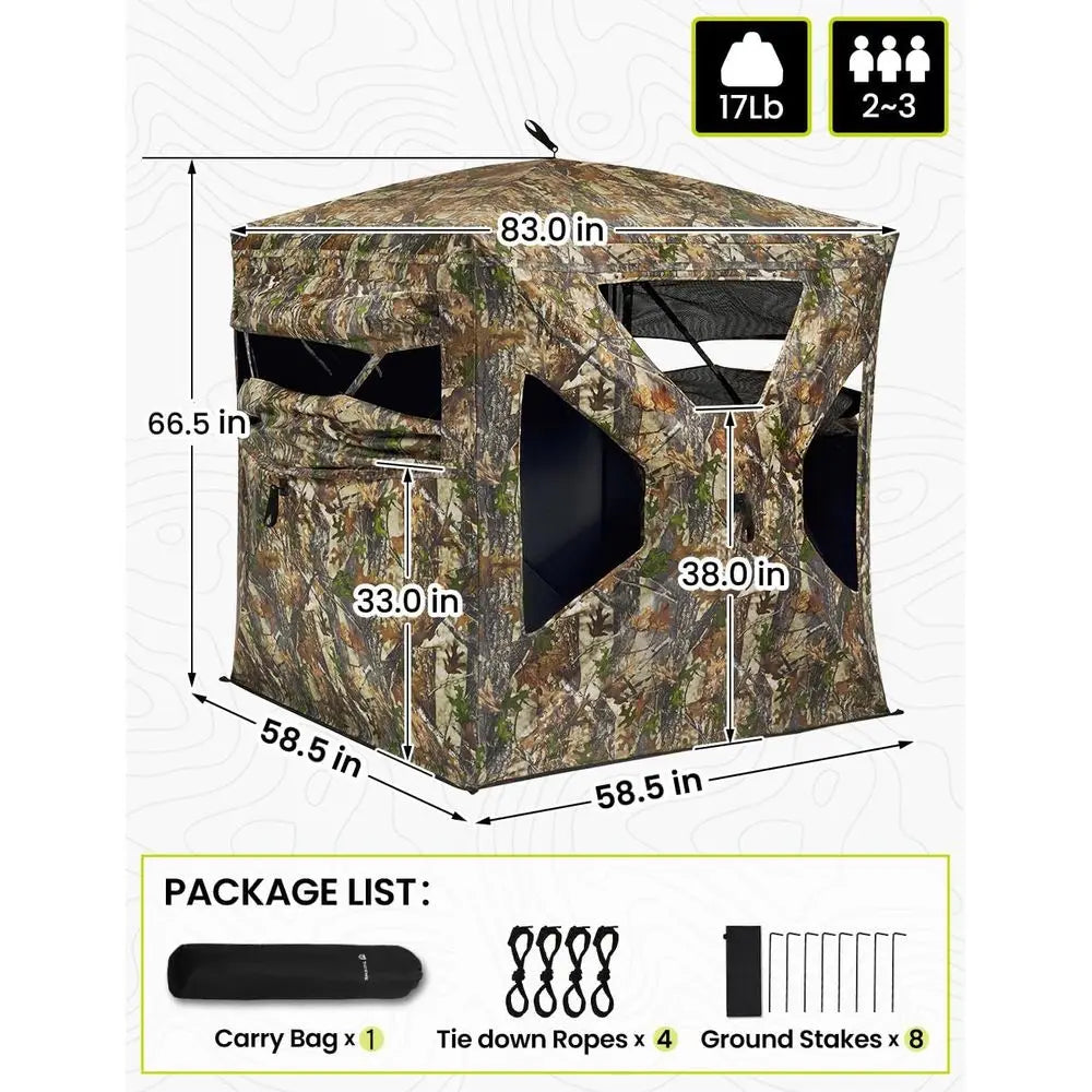 270° Panoramic View Silent Magnetic Door and Sliding Window 2-3 Person Pop-Up Ground Blind with Carry Bag, 300D Durable Camoufla