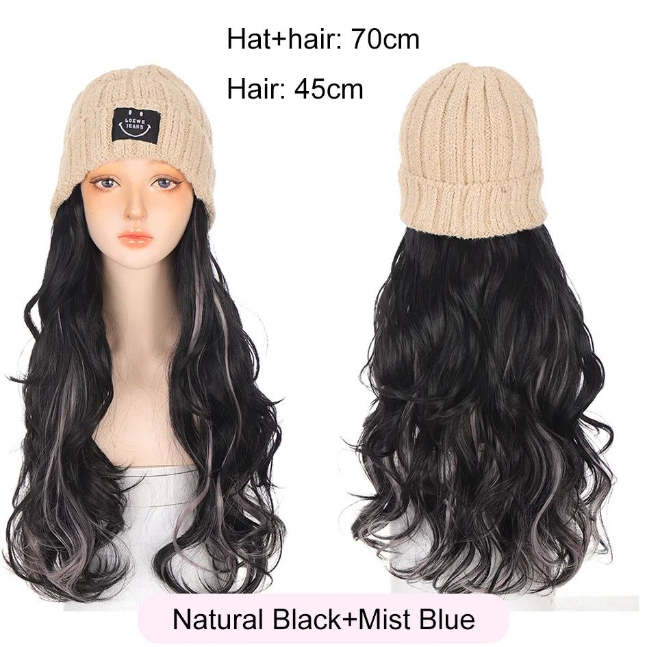Synthetic 18 inch knitted hat with long curly hair hat wig, wavy wig, winter wig, beige/blue/coffee knitted hat Christmas outfit