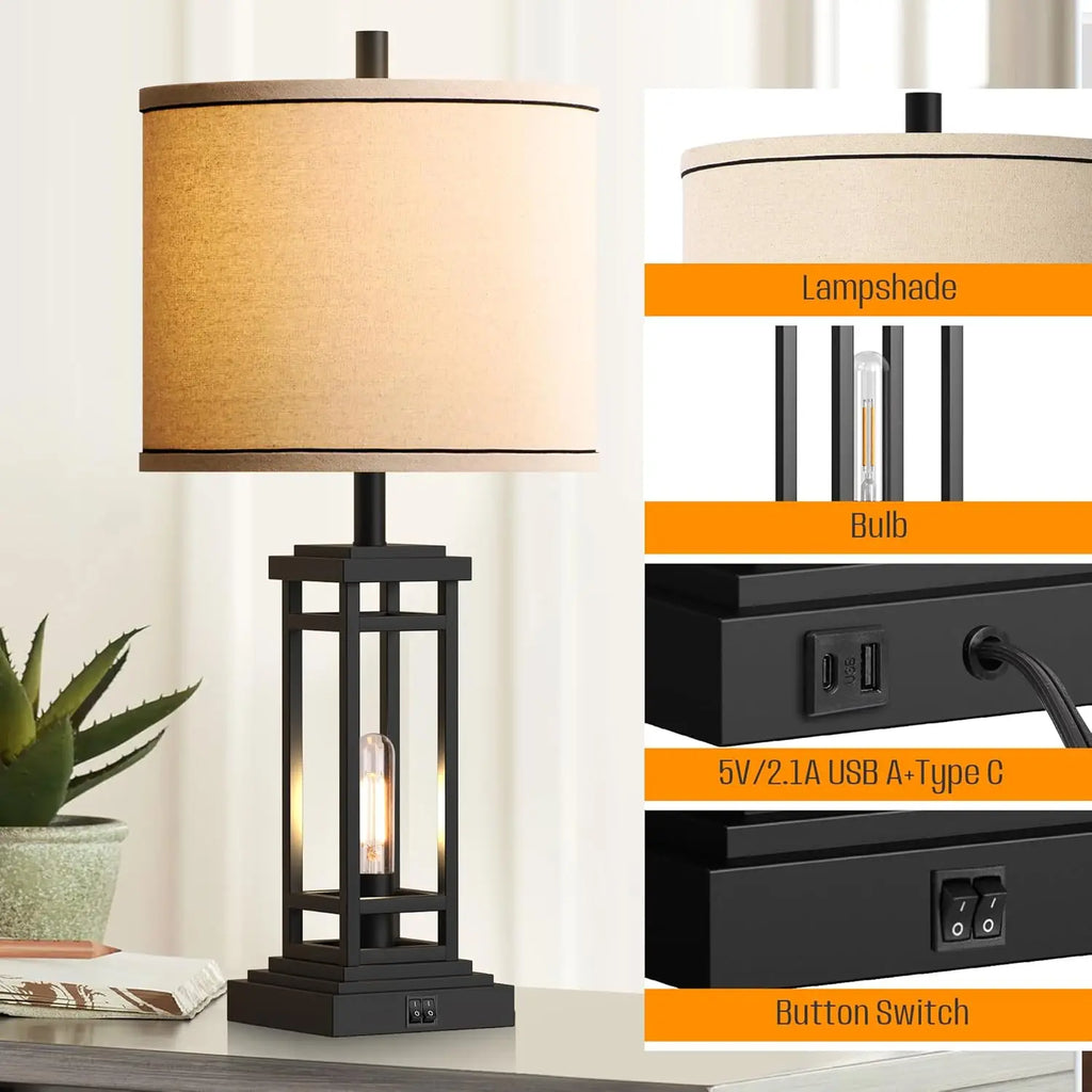 27.5" Tall Farmhouse Table Lamps Set of 2 with USB C/A Charge Ports, Rustic Industrial Black for Bedroom Living Room