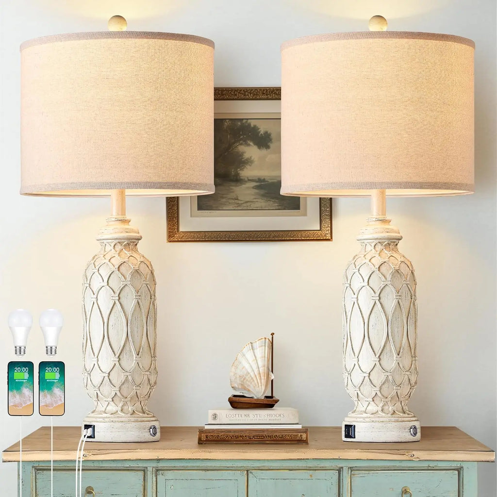 Farmhouse Table Lamps Set of 2 with USB Charging Ports, Touch Dimmable Control, Includes LED Bulbs
