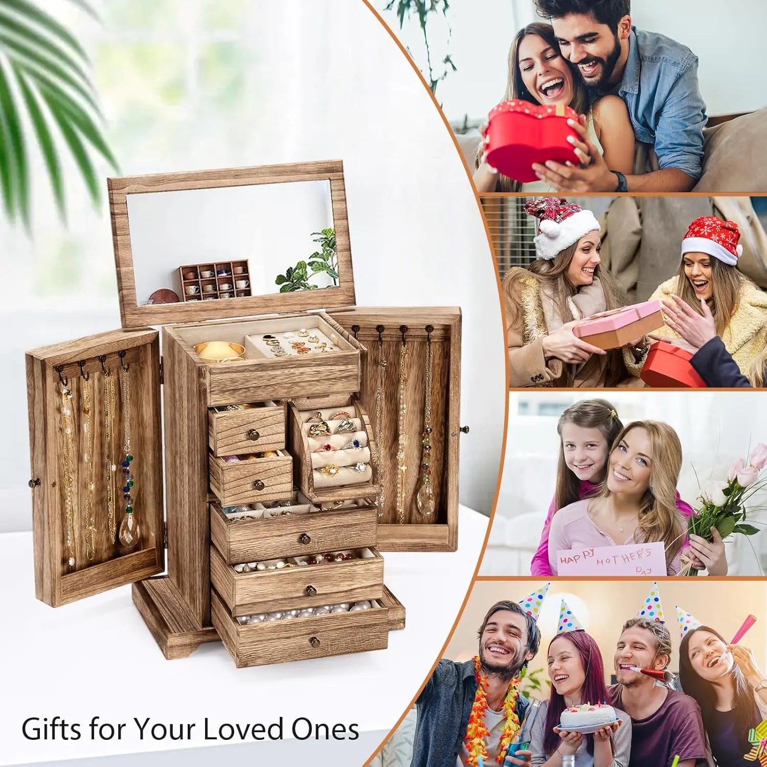 Rustic Wooden Jewelry Box for Women, 6-Layer Organizer with Mirror & Drawers, Carbonized Black