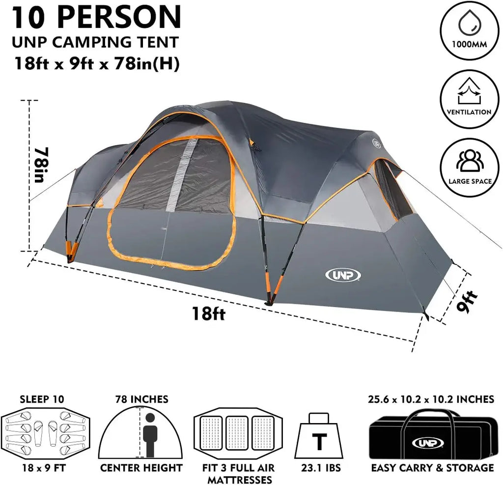 10-Person Family Camping Tent, Easy Setup, Waterproof, 2 Rooms, Large Mesh Windows for Ventilation