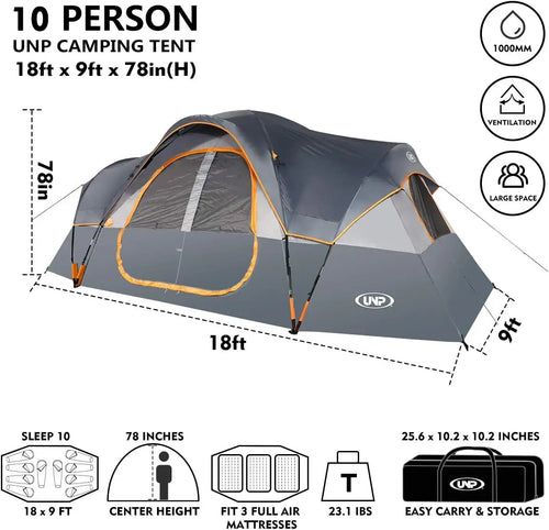 10-Person Family Camping Tent, Easy Setup, Waterproof, 2 Rooms, Large Mesh Windows for Ventilation