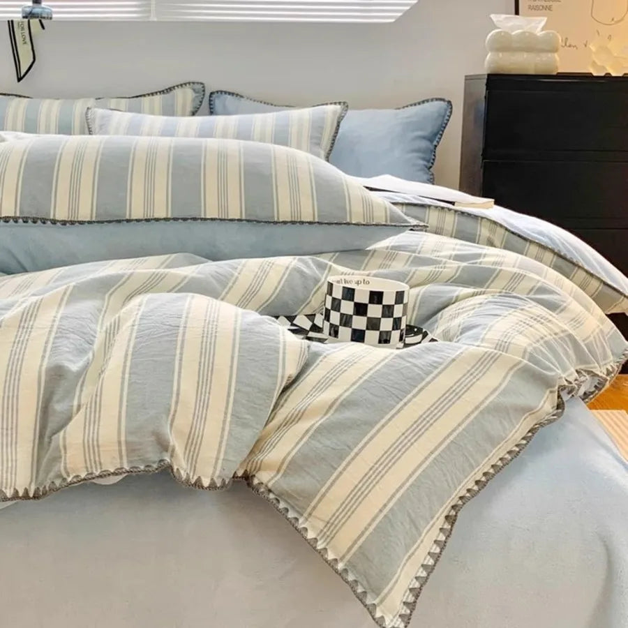 Warm Duvet Cover Set Breathable Winter Bedding Set with Zipper Closure 4 Pieces Blue 1.5M Bed Comforter Fitted Sheet Pillow Sha