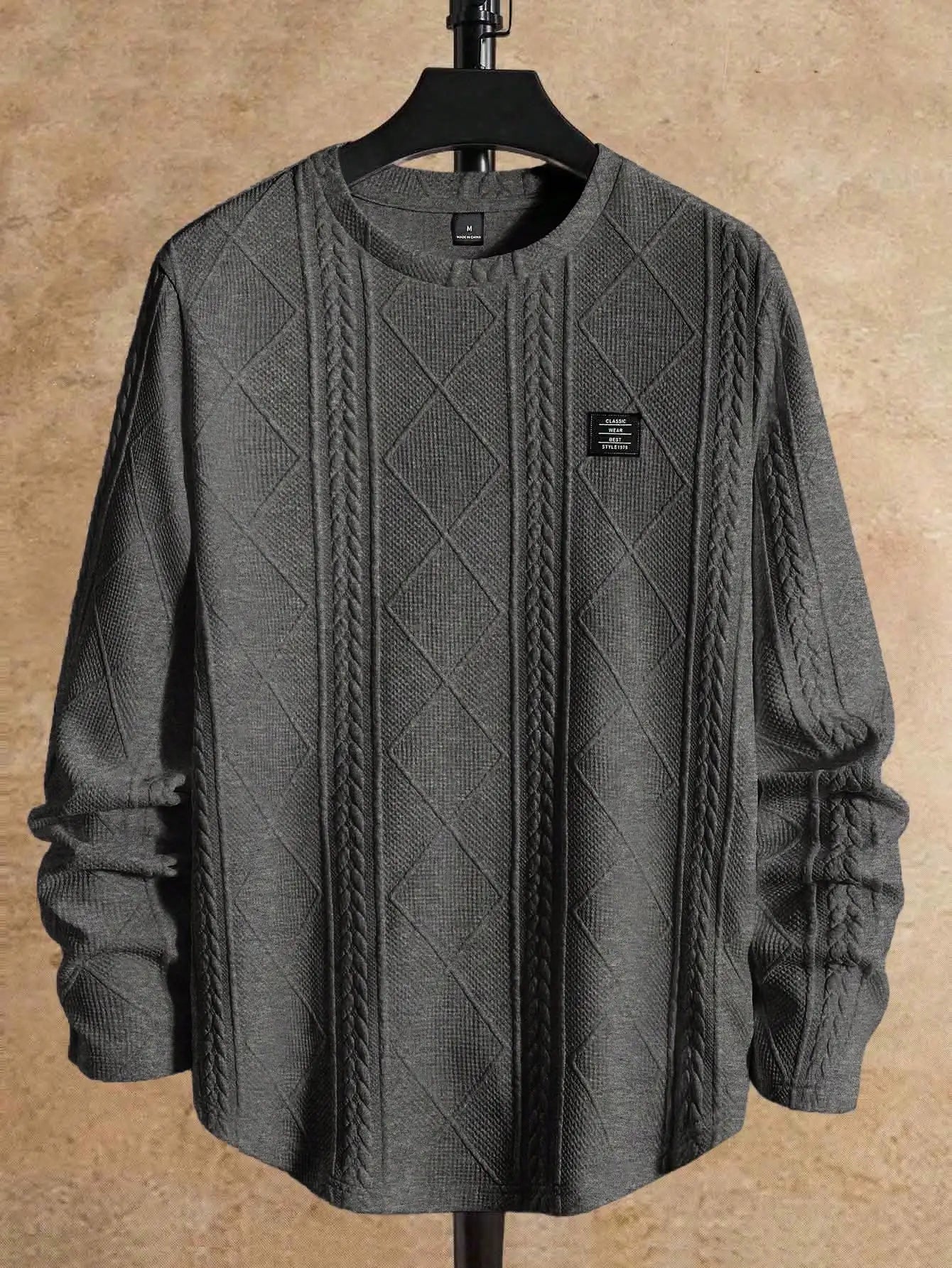Gray Knitted Long Sleeve T-Shirt with Cable & Diamond Pattern, Casual Round Neck Design