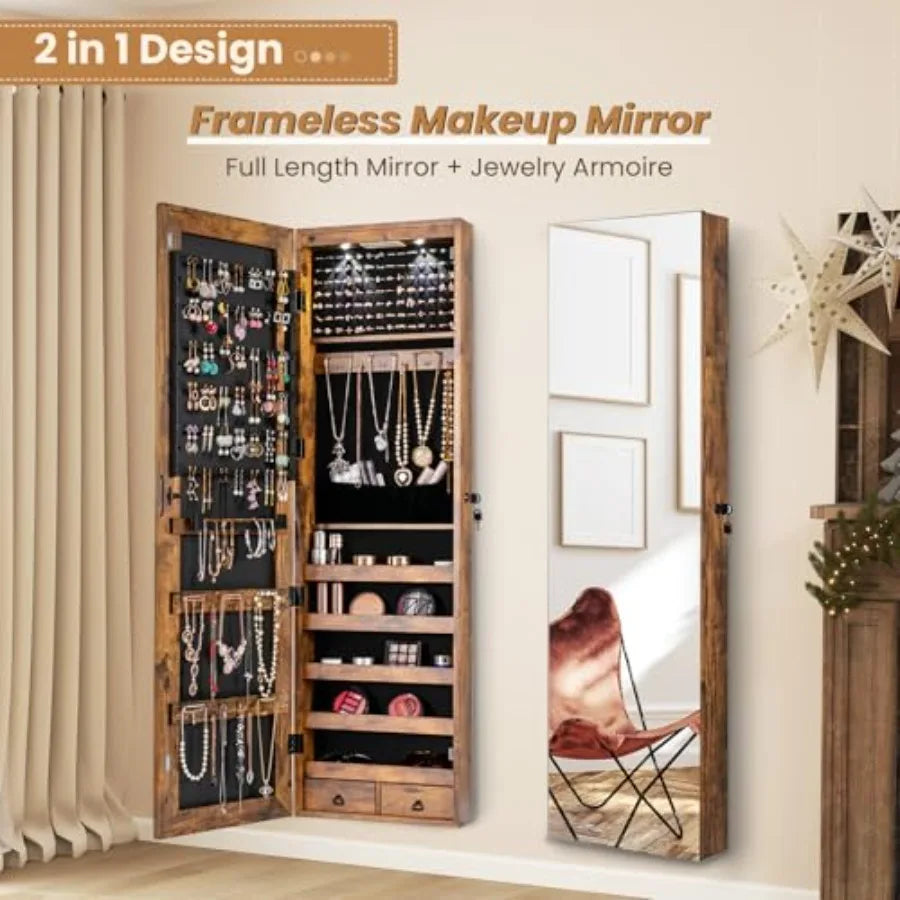 2 LEDs Full Length Mirror with Jewelry Armoire Jewelry Organizers and Storage with 2 Mounting Options 47.5 H Jewelry Cabinet wi