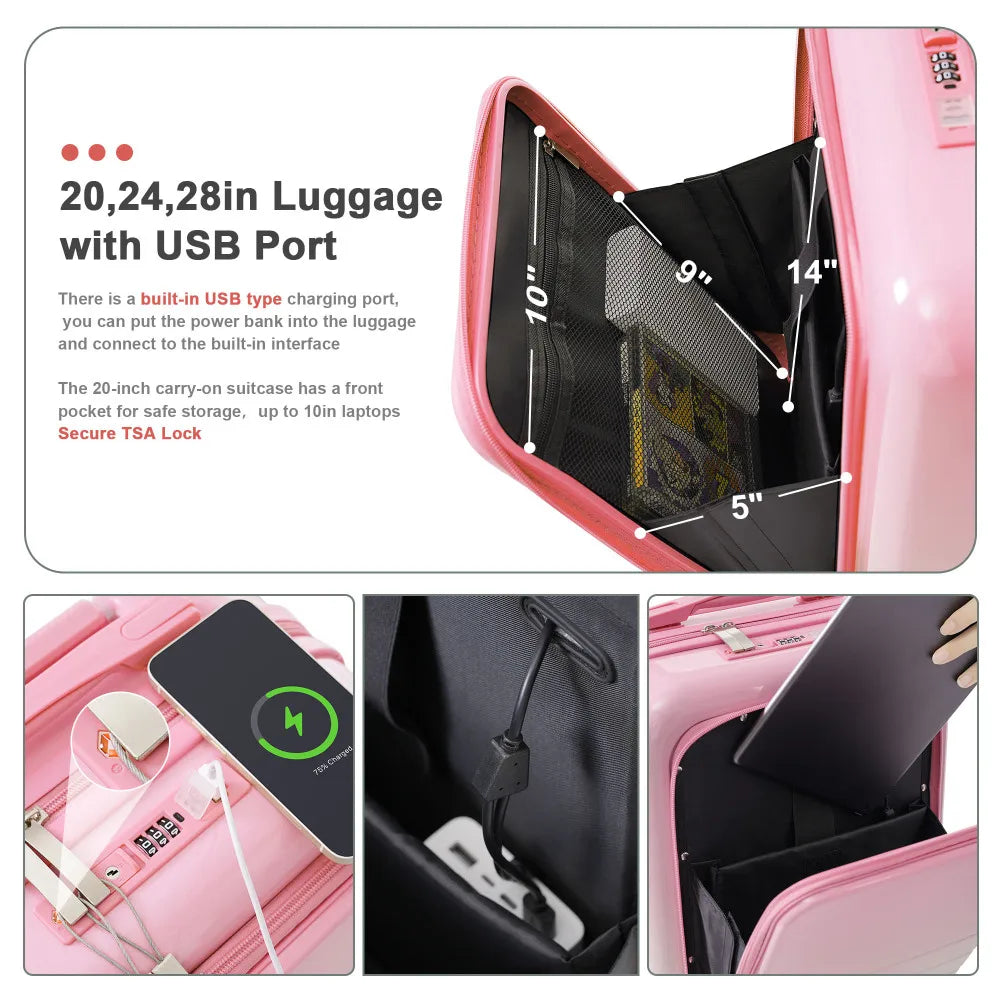 Luggage Set of 3 20 24 28inch with USB Port 20 24inch with Front Opening Design Airline Certified Carry on Luggage Cup Holder