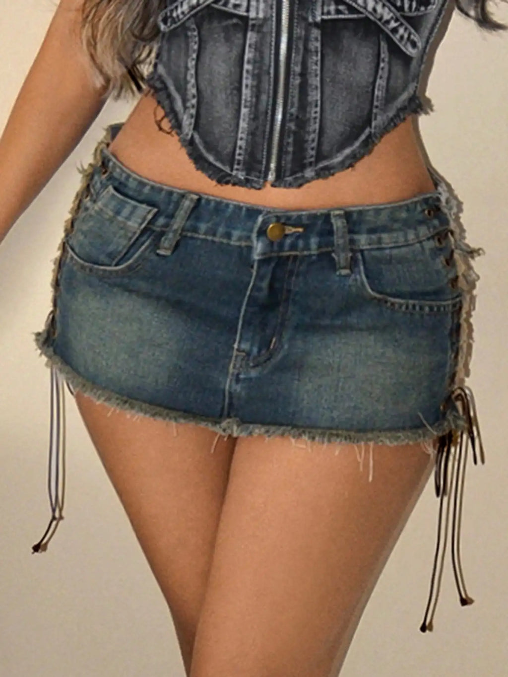 Distressed Denim Mini Skirt with Side Lace-Up Detail, Y2K Style