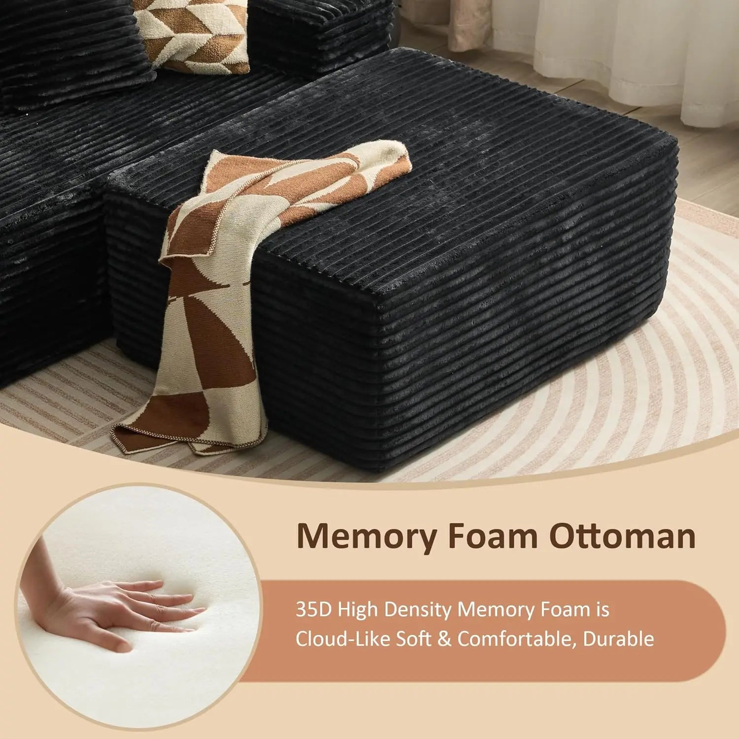 37.1' Plush Corduroy Ottoman for Couch, Black, No Assembly