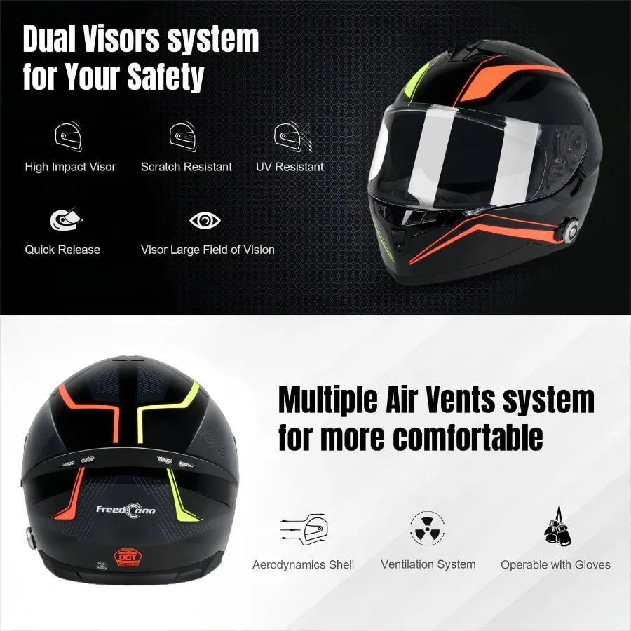 Bluetooth Motorcycle Helmet FreedConn BM12 DOT Full Face Bluetooth Helmets with Integrated Intercom System for Riding Safety Du