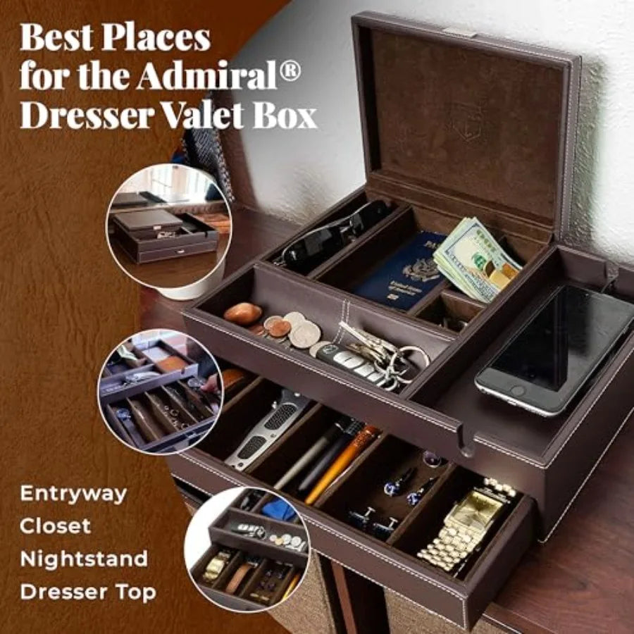 Mens Watch Box Leather Valet Tray - Bedside Table Organizer Men's Jewelry Box Watch Case for Men with Large Smartphone Charging