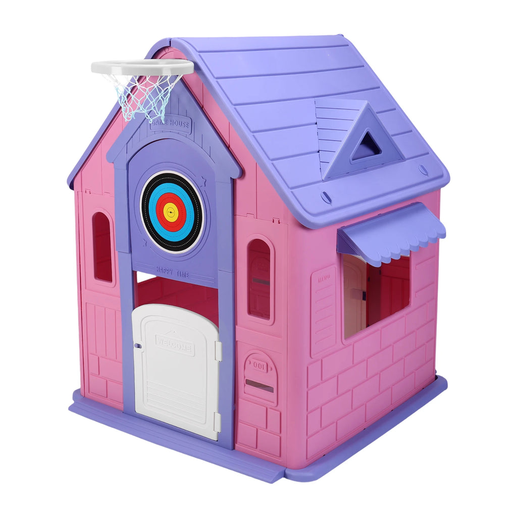 Kids Playhouse with Basketball Hoop Dartboard Indoor/Outdoor Playset Outdoor Playhouse for  2-5 Years Toddlers Gaming Toys
