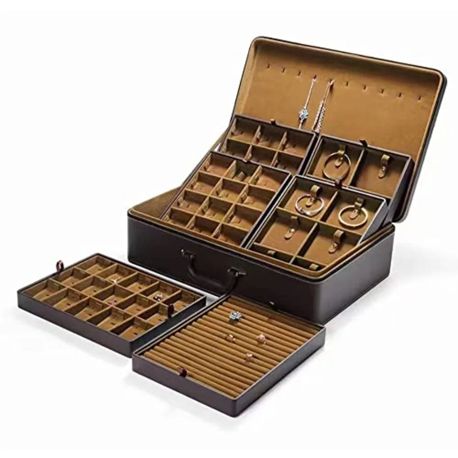 Jewelry Trays stacks Carriable with Handle Zipper Box Organizer Faux-Leather Accessory Case Storage L6 Layers