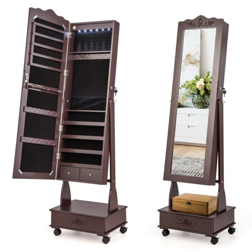 Jewelry Cabinet Storage Organizer Armoire Floor Standing with Full-length Mirror