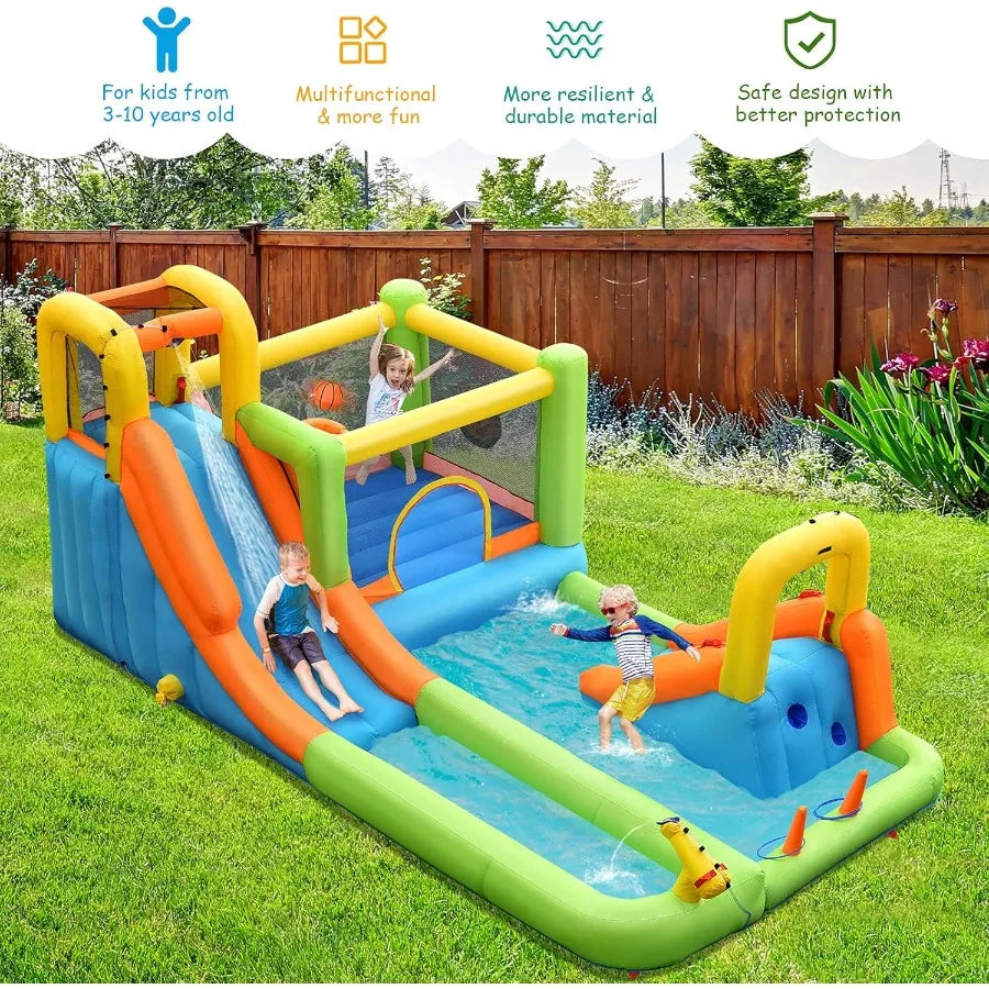 Inflatable Water Slide, 7 in 1 Bounce House with 2 Slides Climbing Wall Splash Pool 2 Ring Columns Water Gun, Outdoor Water Park