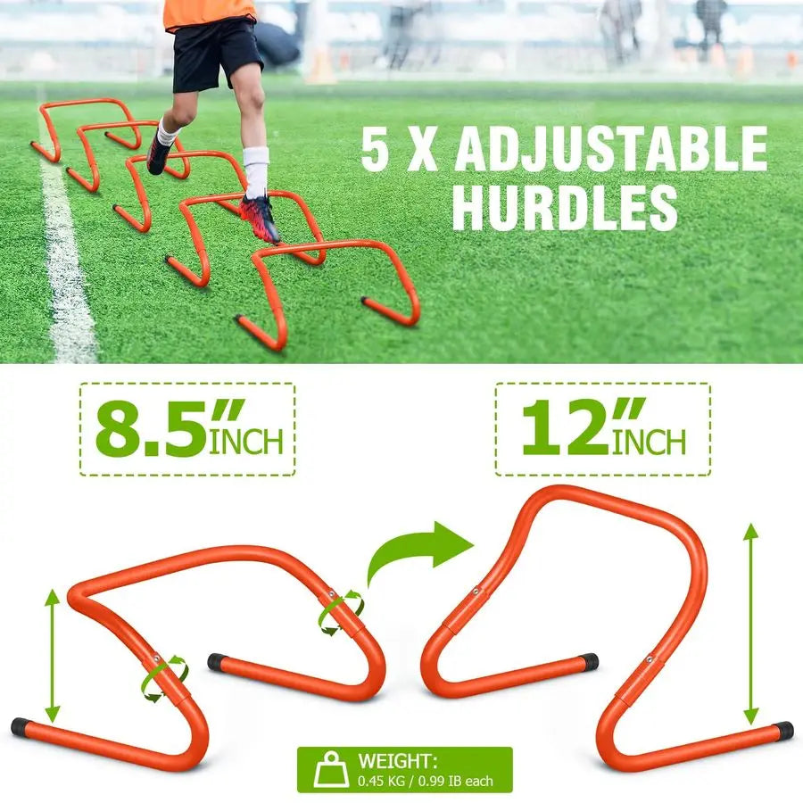 Agility Training Equipment 5 Adjustable Hurdles, 6 Soccer Agility Poles, 2 Agility Ladder, 10 Cones, Jump Rope
