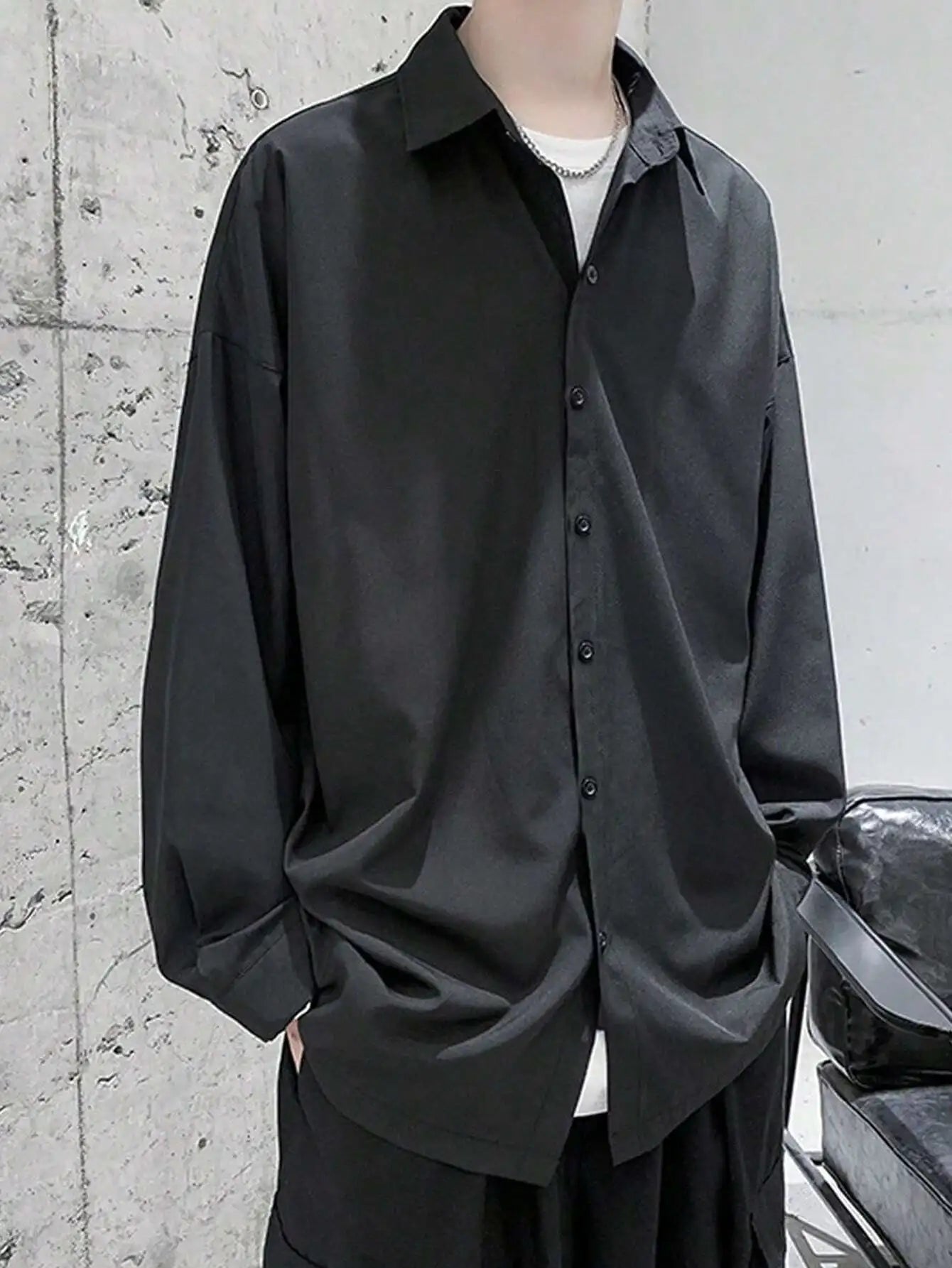 Oversized Black Drop Shoulder Long Sleeve Button-Up Shirt for Men