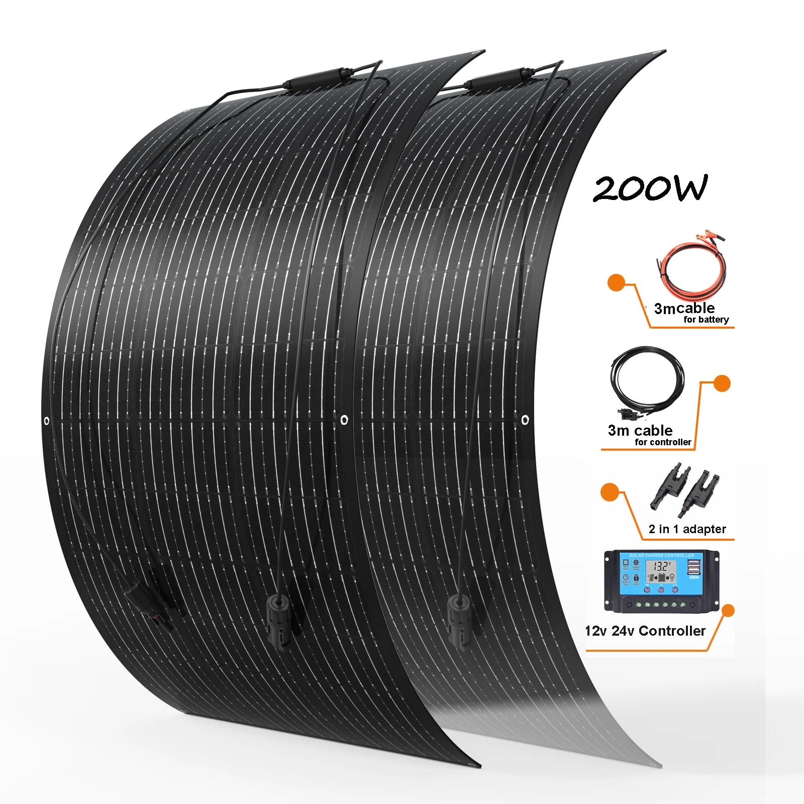 WUZECK 12V Solar Panel Kit 200W 2pcs 100W Solar panels with 12V 24V 20A controller, extension cable,  battery connection cable