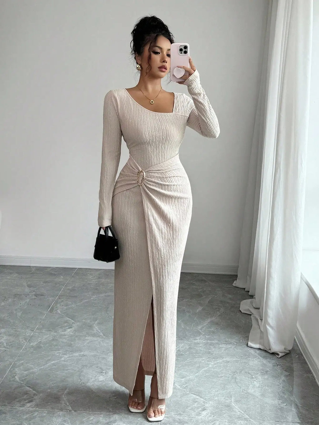 Women's Solid Color Fashion Solid Color Twisted Long Dress ,Asymmetrical -Neck Knitted Texture Tight Bodycon,
