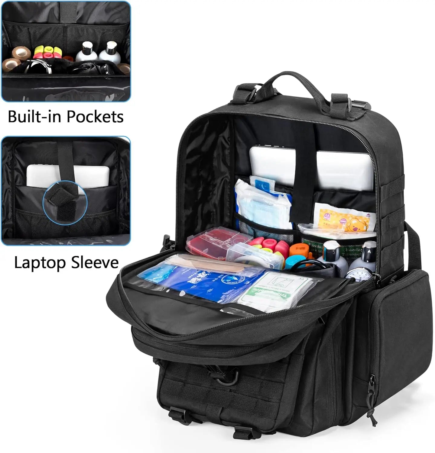 Medical Tactical Backpack, First Aid Rucksack with Y-Strap for Hiking, Black (Bag Only)