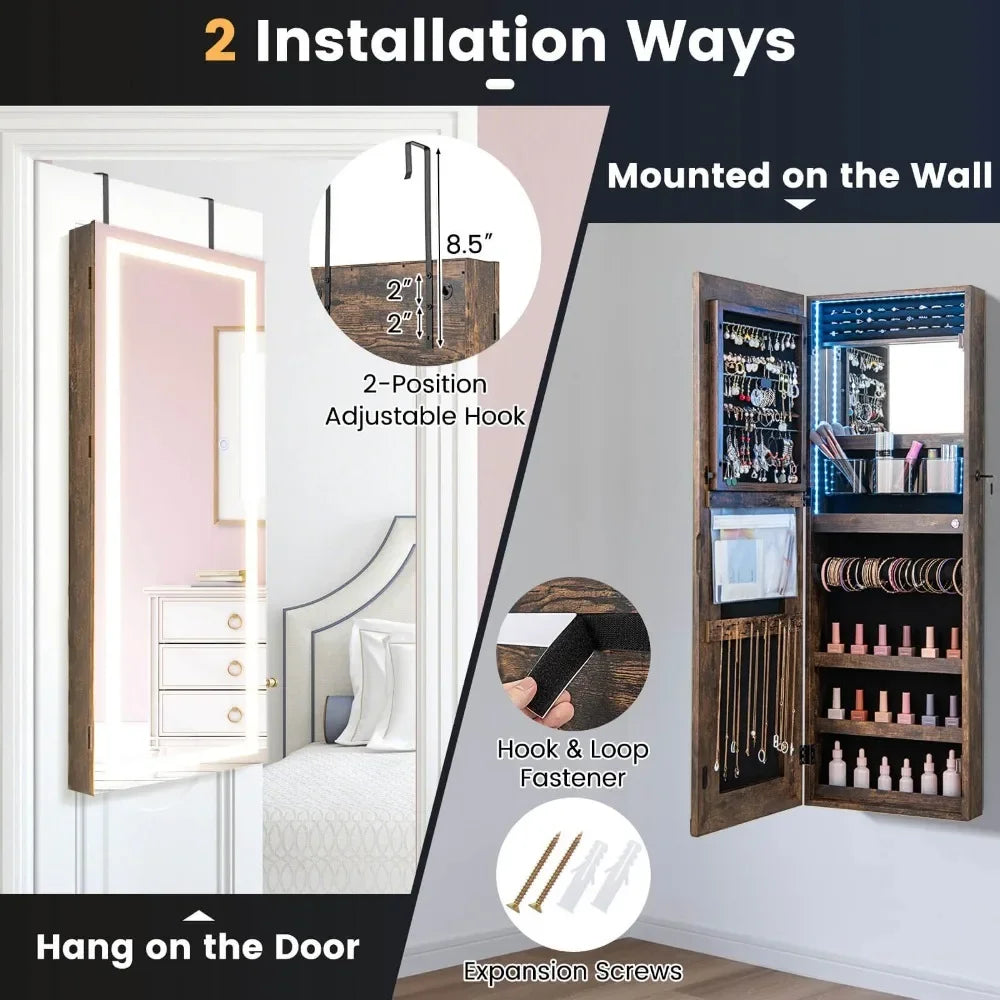 LED Mirror Jewelry Cabinet Wall/Door Mounted Organizer Armoire w/ 3 Color Light