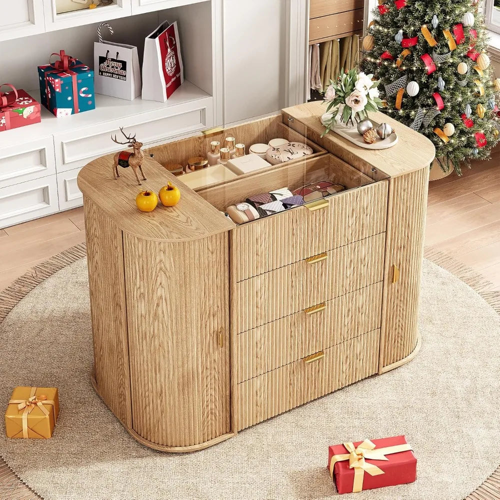 Tambour Closet Island with 8 Drawers & 8 Large Storage Space,Bedroom Armoire Island with Glass Top,Freestanding Wardrobe Closet