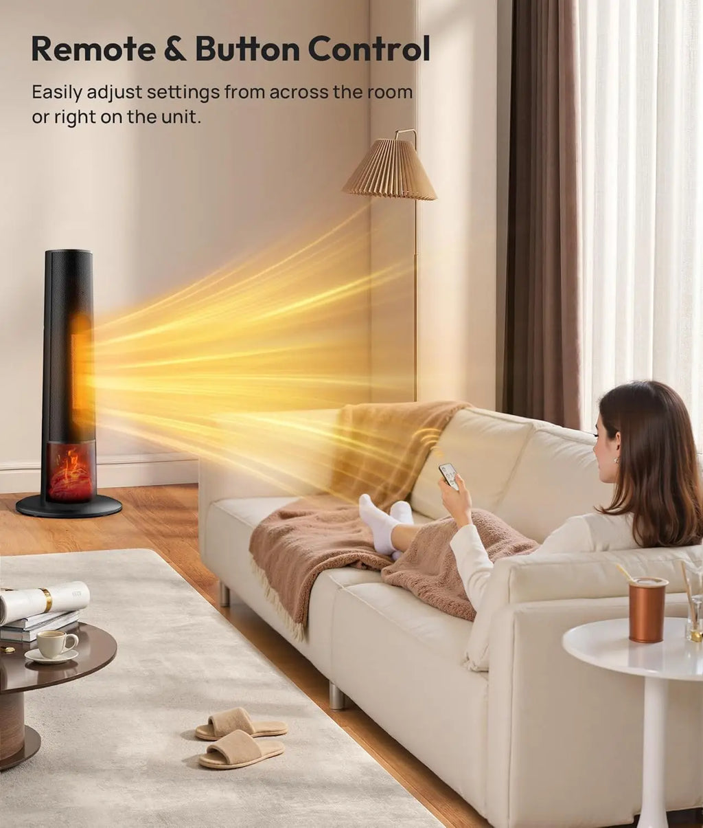 Electric Tower Heater with 3D Flame, Portable Space Heater for Bedroom, Office – 2 Modes, Thermostat, Tip-over Protection, Oscil
