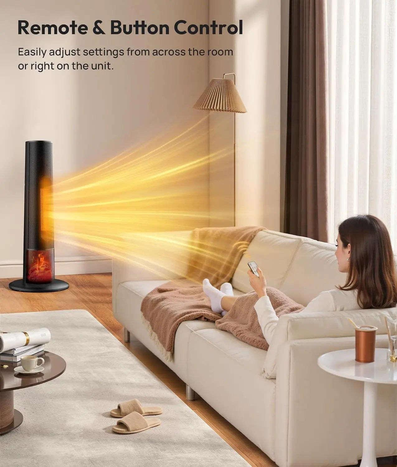 Electric Tower Heater with 3D Flame, Portable Space Heater for Bedroom, Office – 2 Modes, Thermostat, Tip-over Protection, Oscil