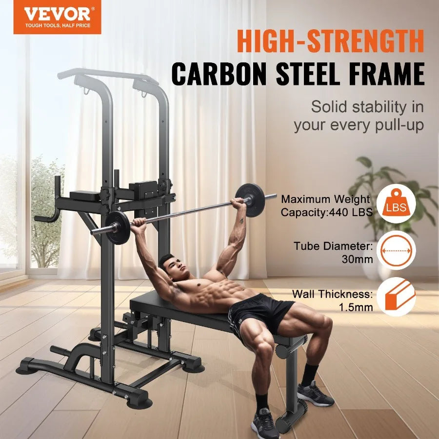 Power Tower with Bench 10Level Height Adjustable Pull Up Bar Stand Dip Station Detachable Bench MultiFunction Home Gym Strengt