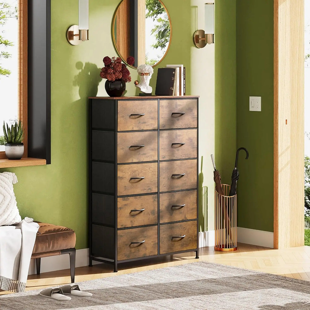 Tall Fabric Dresser with 10 Drawers, Metal Frame, Rustic Brown Wood Grain Print for Bedroom Storage