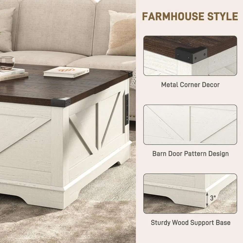 40” Large Farmhouse Lift Top Coffee Table with Power Outlets and Large Hidden Storage, Square Wood Living Room Tables, Multi-Fun