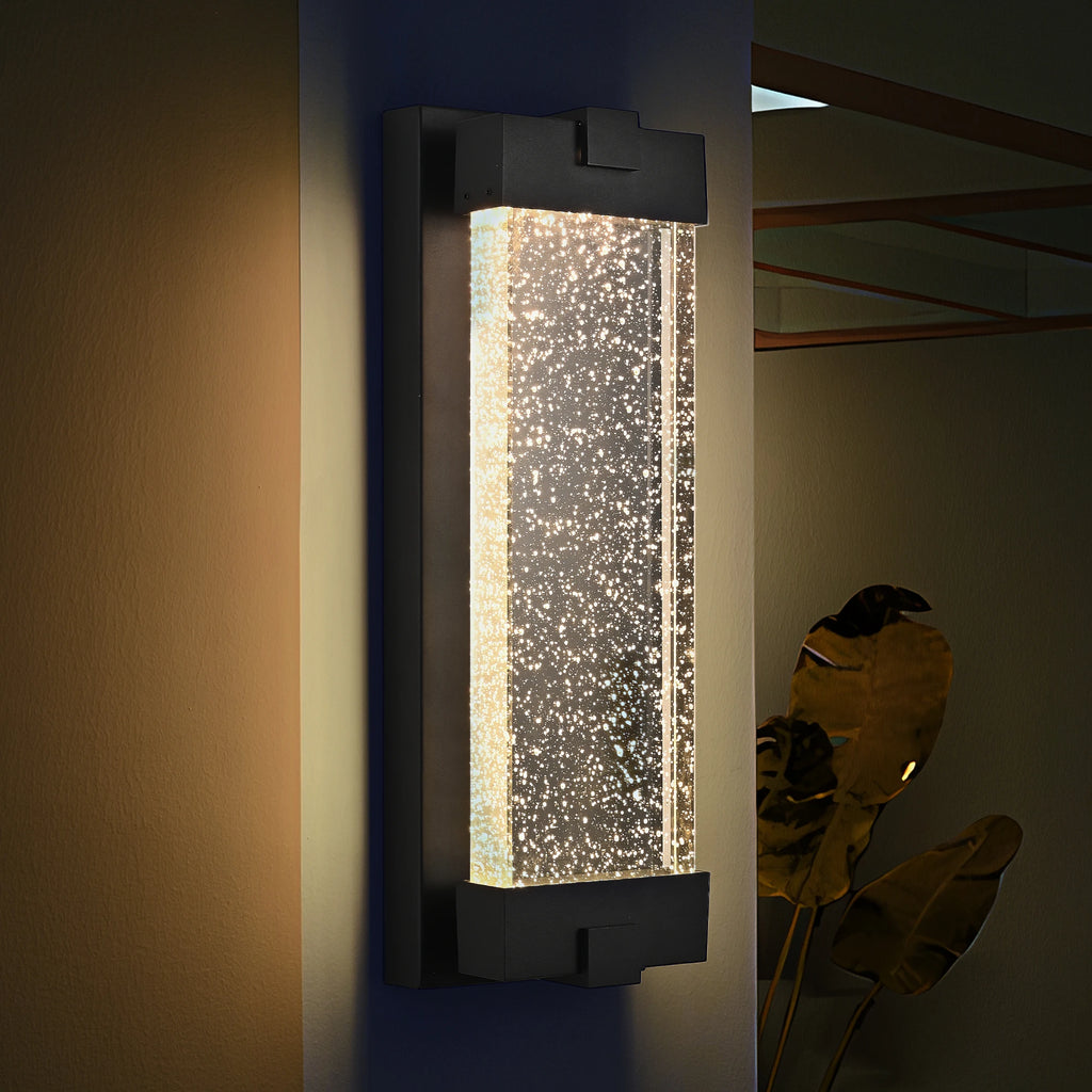Black Large Aluminum Finish Outdoor Wall Light with Bubble Crystal Glass, LED Light Source, 3000K Warm Light, Weatherproof