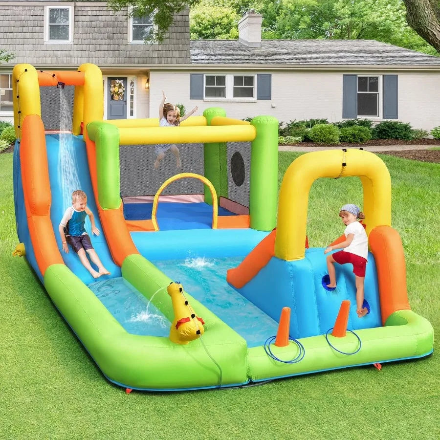 Inflatable Water Slide, 7 in 1 Bounce House with 2 Slides Climbing Wall Splash Pool 2 Ring Columns Water Gun, Outdoor Water Park