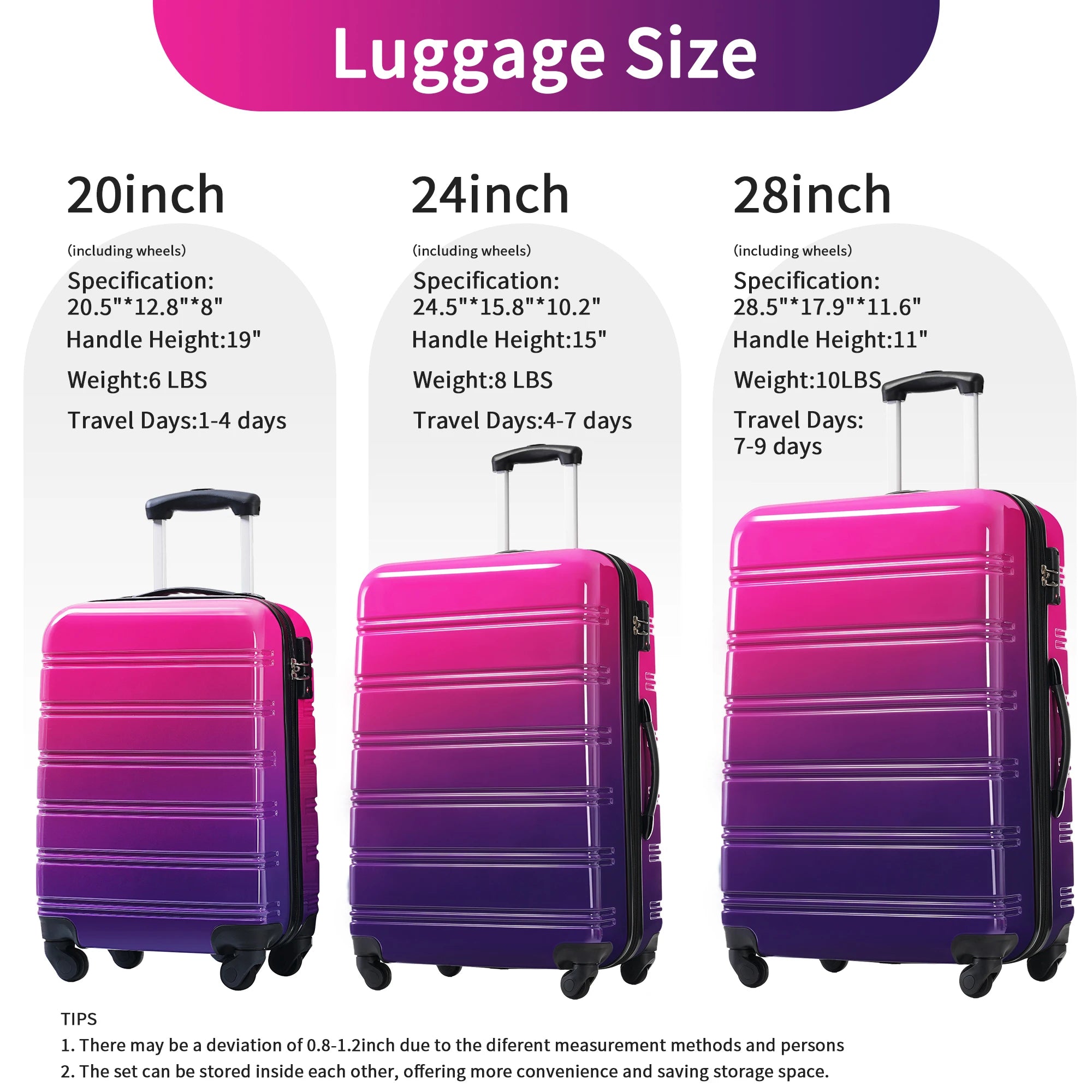 Hardshell Luggage Sets 3 Piece Gradient Color Expandable Suitcase with Spinner Wheels and TSA Lock Lightweight 20" 24" 28"