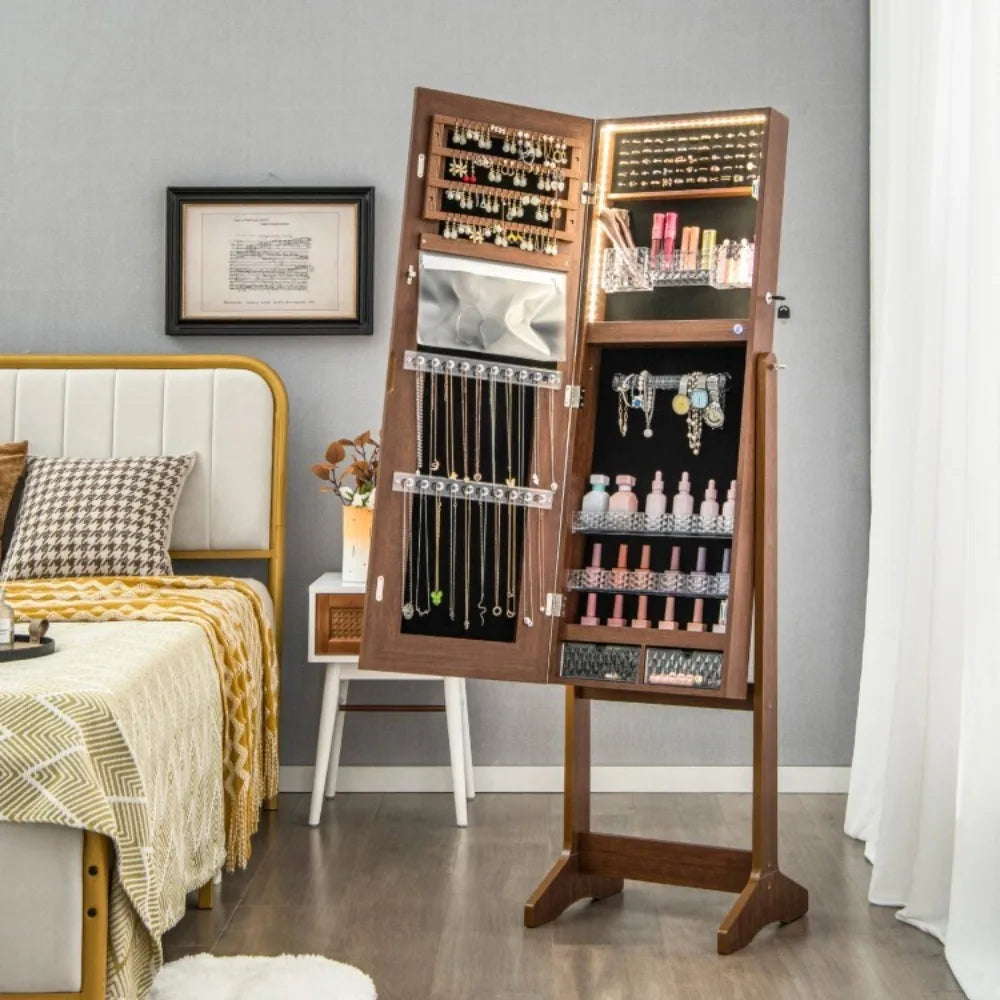 Lockable Jewelry Armoire Standing Cabinet Makeup Women Mirror W/ Lighted Mirror
